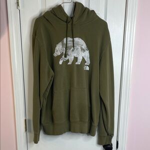 The North Face Olive Green Crewneck Hoodie with Bear Graphic